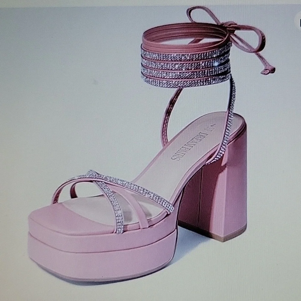Dream Pairs pink platform heel lace up rhinestone tie strap chunky heel 7.5 NEW…